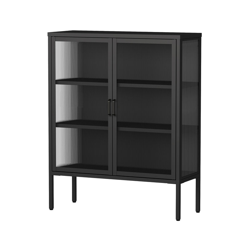 Black Double Door Reeded Glass Steel Sideboard Cabinet with 3 Shelves