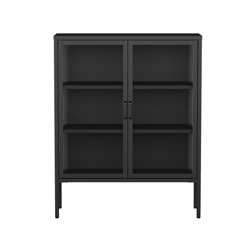 Black Double Door Reeded Glass Steel Sideboard Cabinet with 3 Shelves