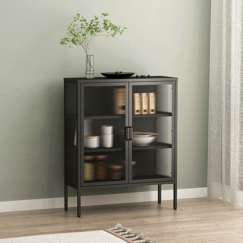 Black Double Door Reeded Glass Steel Sideboard Cabinet with 3 Shelves