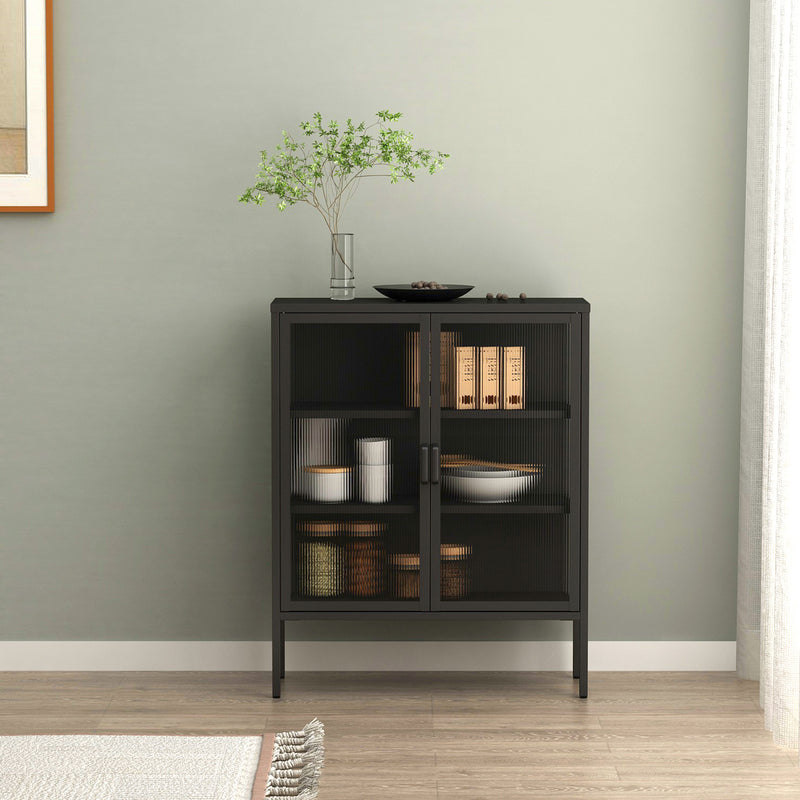 Black Double Door Reeded Glass Steel Sideboard Cabinet with 3 Shelves
