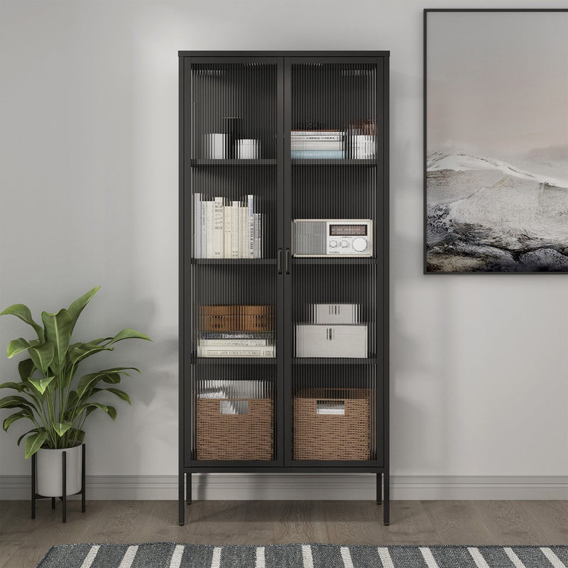 Tall Black Double Door Reeded Glass Steel Cabinet with 4 Shelves