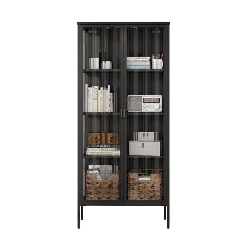 Tall Black Double Door Reeded Glass Steel Cabinet with 4 Shelves