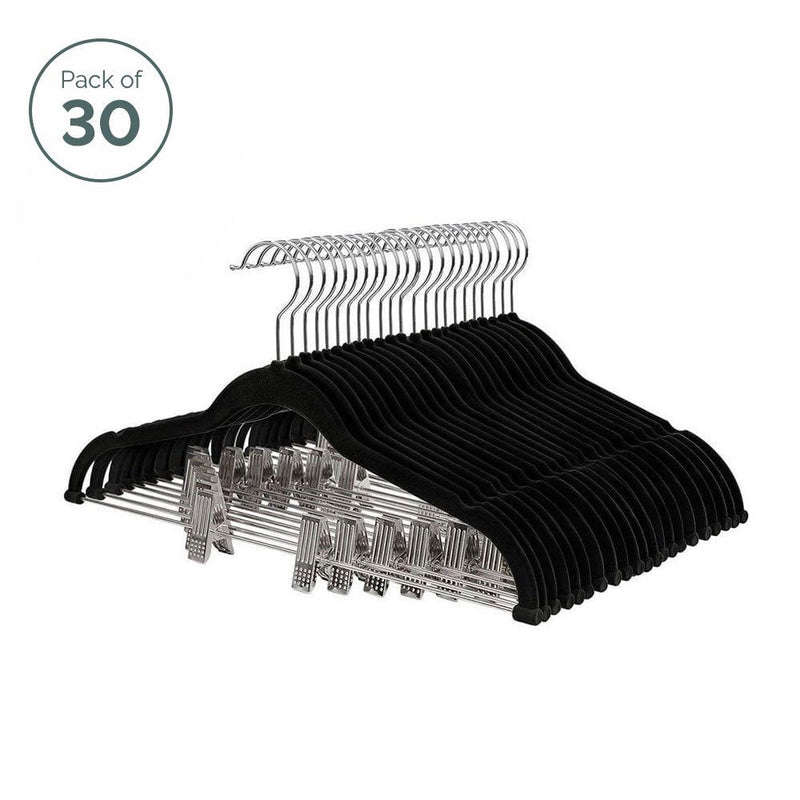 30 X Non-Slip Black Velvet Trouser Hangers with Adjustable Clips