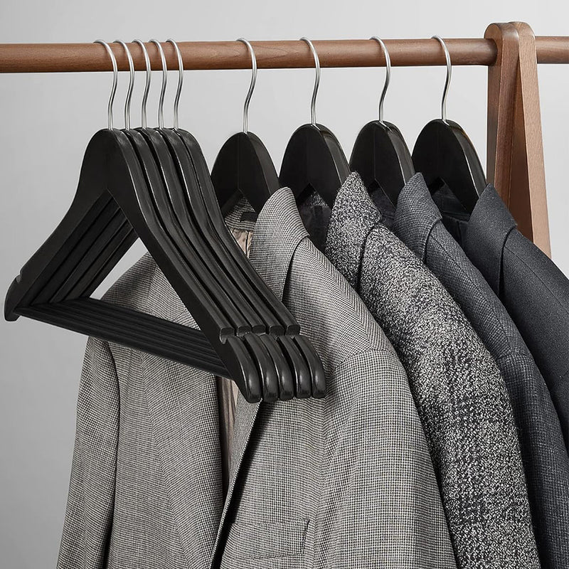 10 x Black Wooden Clothes Hangers with Trouser Bar - 44cm