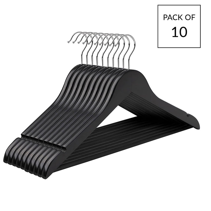 10 x Black Wooden Clothes Hangers with Trouser Bar - 44cm
