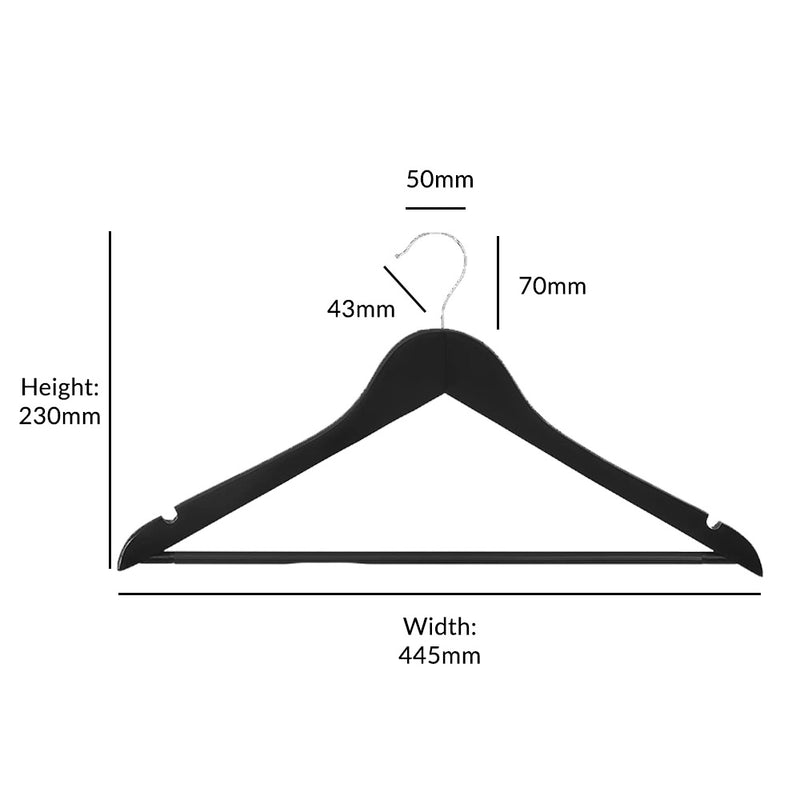 10 x Black Wooden Clothes Hangers with Trouser Bar - 44cm