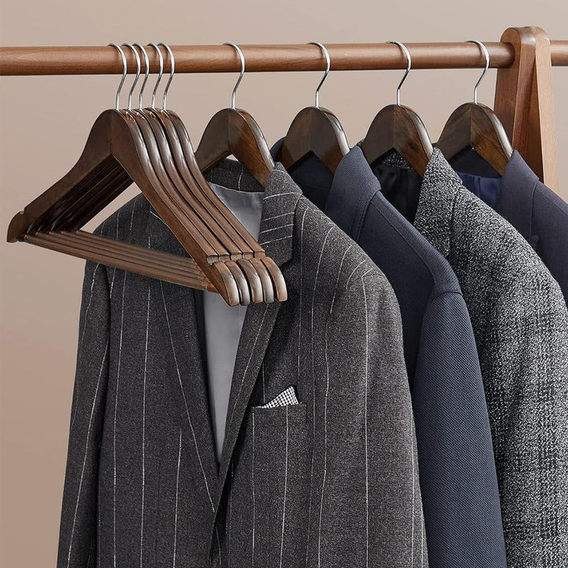 10 x Walnut Wooden Clothes Hangers with Trouser Bar - 44cm
