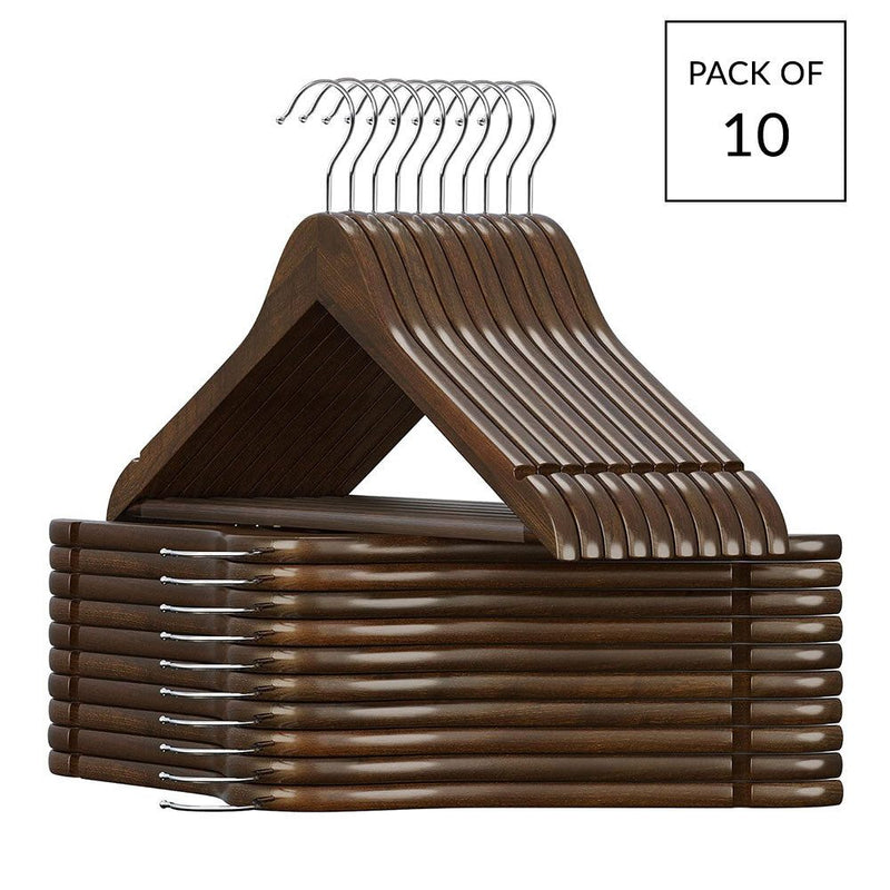 10 x Walnut Wooden Clothes Hangers with Trouser Bar - 44cm