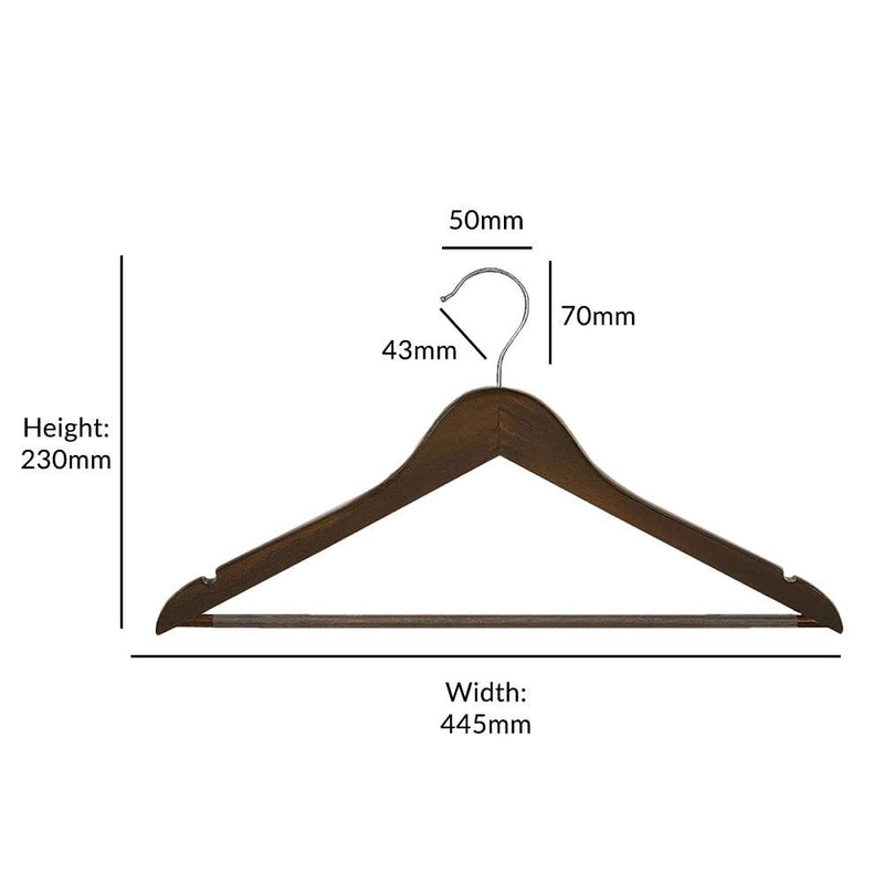 10 x Walnut Wooden Clothes Hangers with Trouser Bar - 44cm