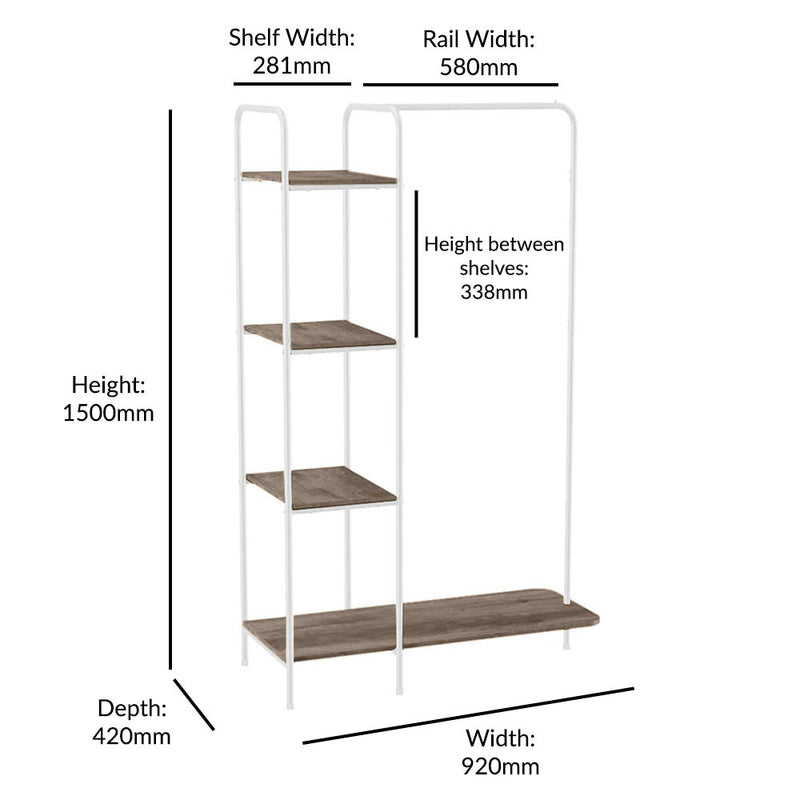 White Clothes Tidy Rail with 4 Light Walnut Brown Finish Shelves and Shoe Rack