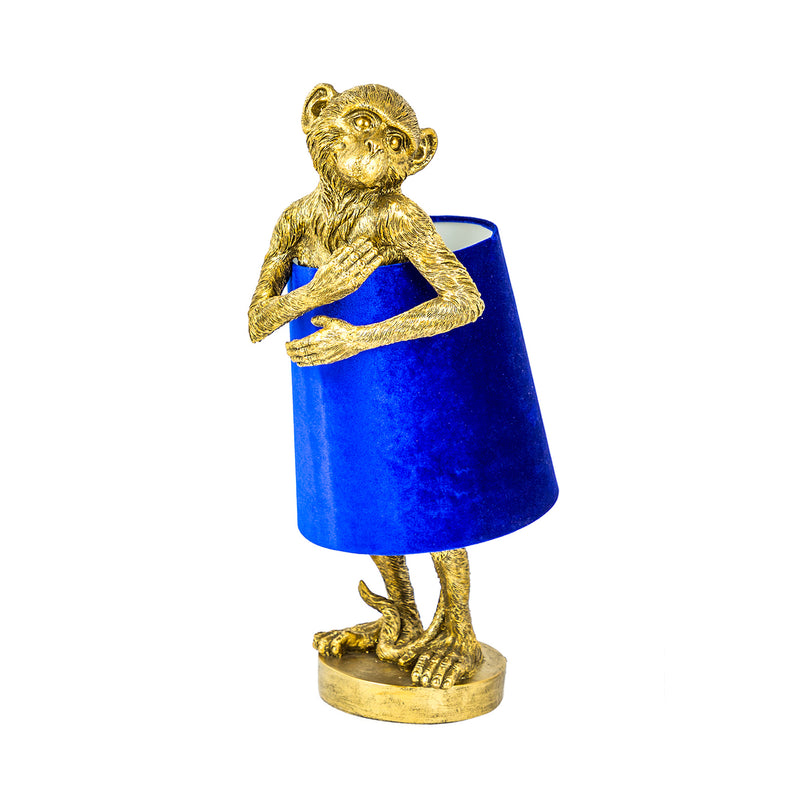 Gold Blushing Monkey Table Lamp with Blue Shade