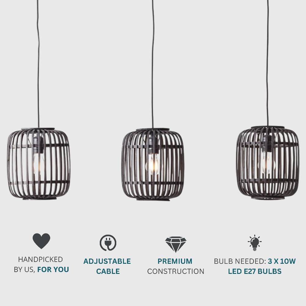 Contemporary 3-pendant ceiling light with a sleek black finish and natural bamboo accents, ideal for creating a warm and inviting atmosphere in any interior setting.