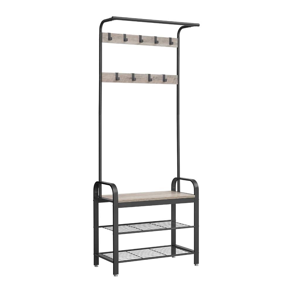 Stylish black and greige hallway unit with an industrial design, complete with a clothes rail and practical shelving.