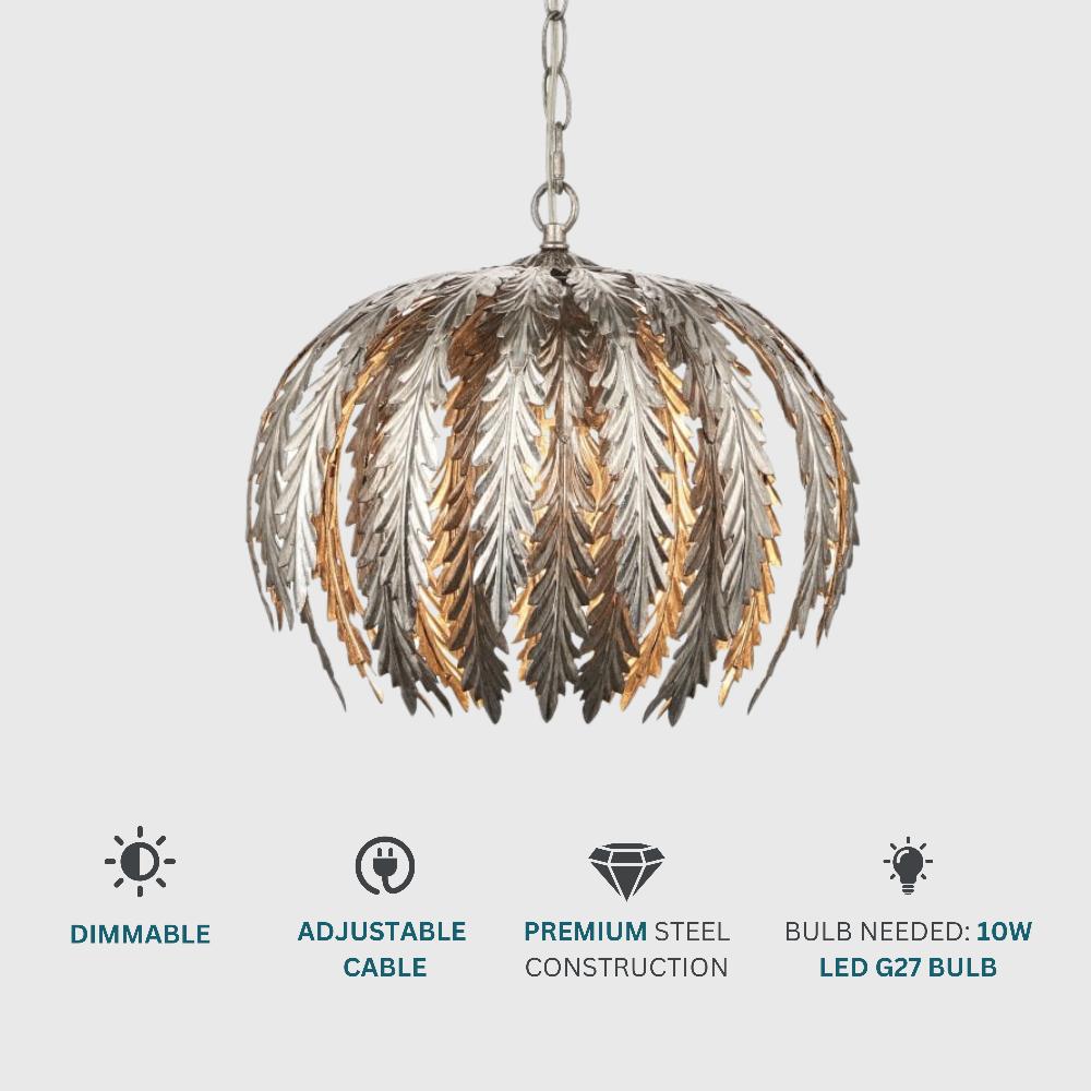 Exquisite ornate pendant light in a silver leaf finish, offering a timeless and decorative lighting statement.