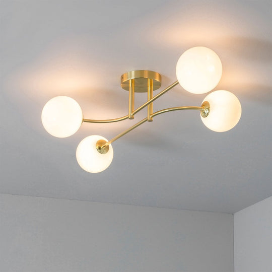 Mid-Century Brass & Opal Semi Flush Ceiling Light