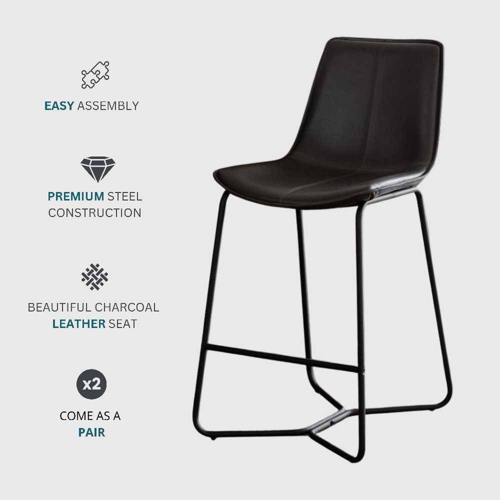 Pair of Charcoal Faux Leather Industrial Bar Stools