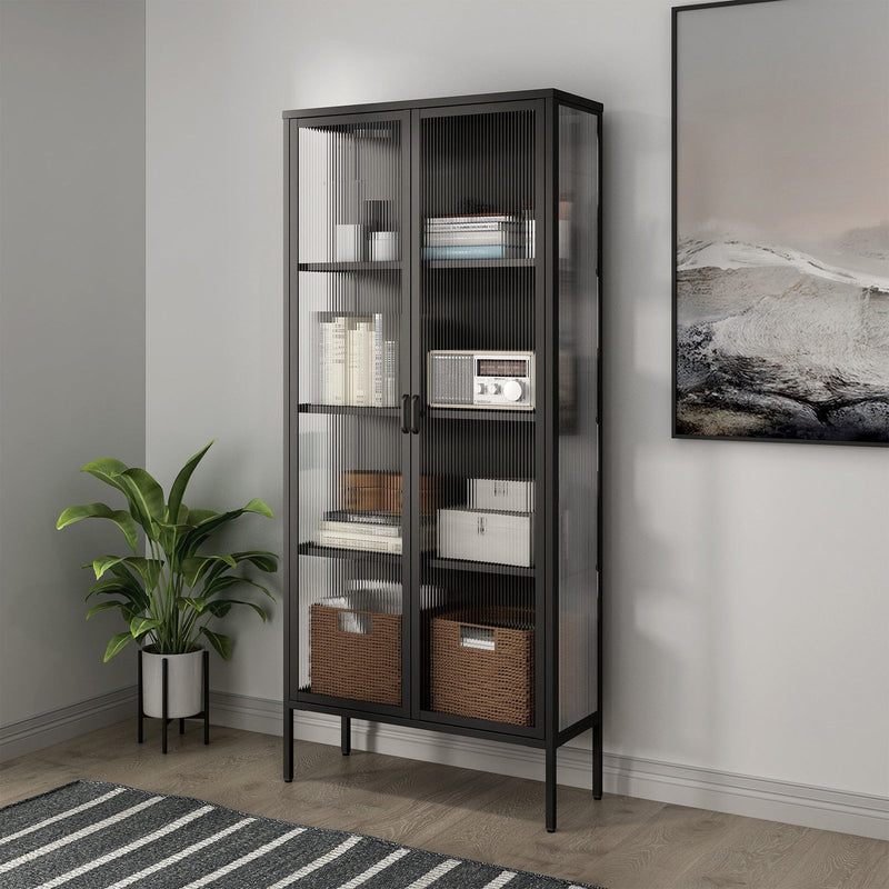 Tall Black Double Door Reeded Glass Steel Cabinet with 4 Shelves