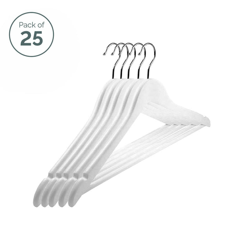 White Wooden Clothes Hanger with Trouser Bar - Pack of 25