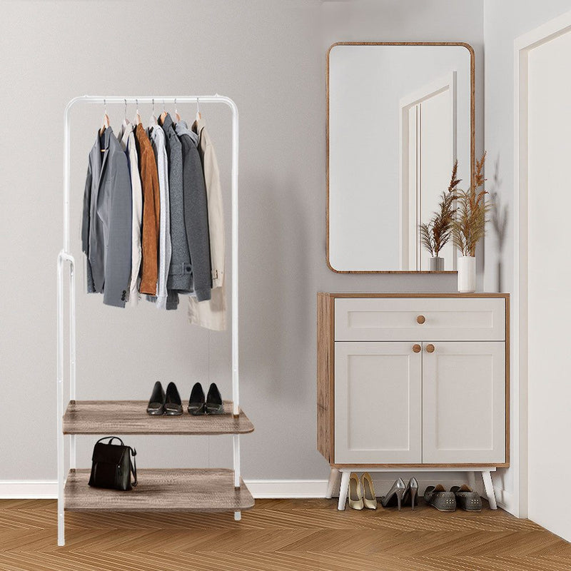 Stylish White Clothing Rack with 2 Light Walnut Brown Finish Wood Shelves