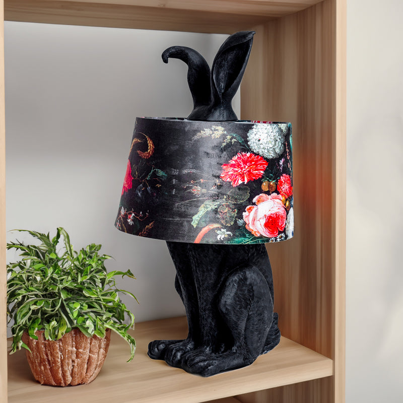 Rabbit Table Lamp with Designer Floral Shade - Black