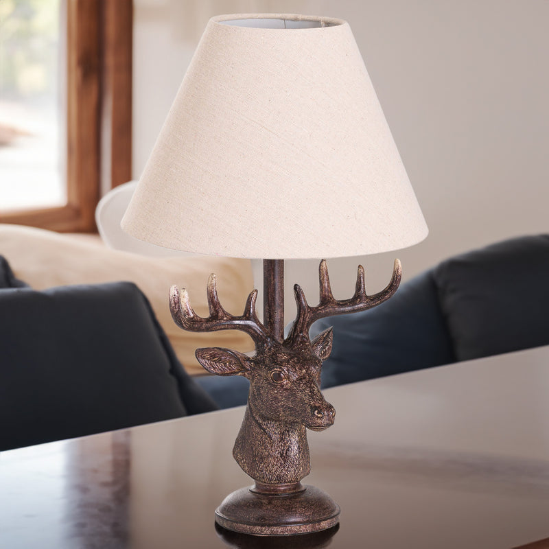 Country Style Stag Table Lamp with Cream Linen Shade