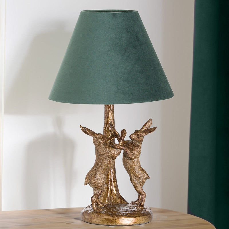 Gold March Hares Table Lamp with Deep Green Shade