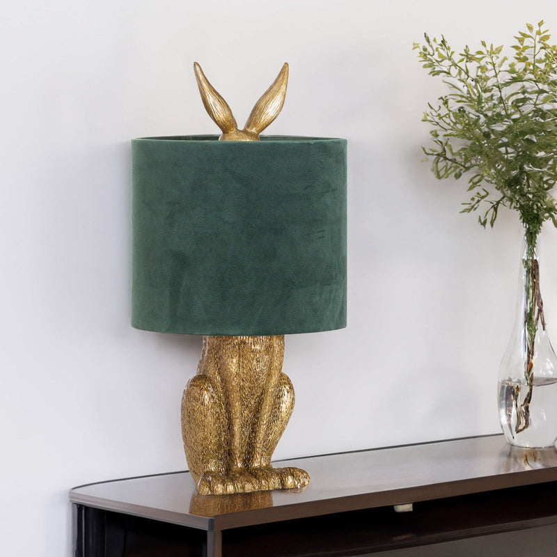 Gold Hare Table Lamp with Deep Green Shade