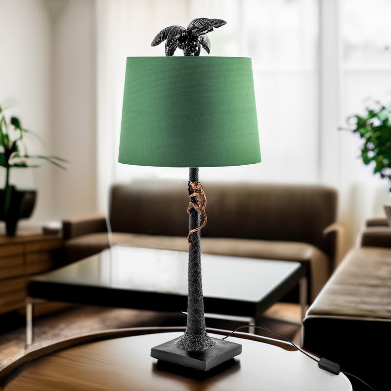 Climbing Monkey Palm Tree Table Lamp with Green Shade