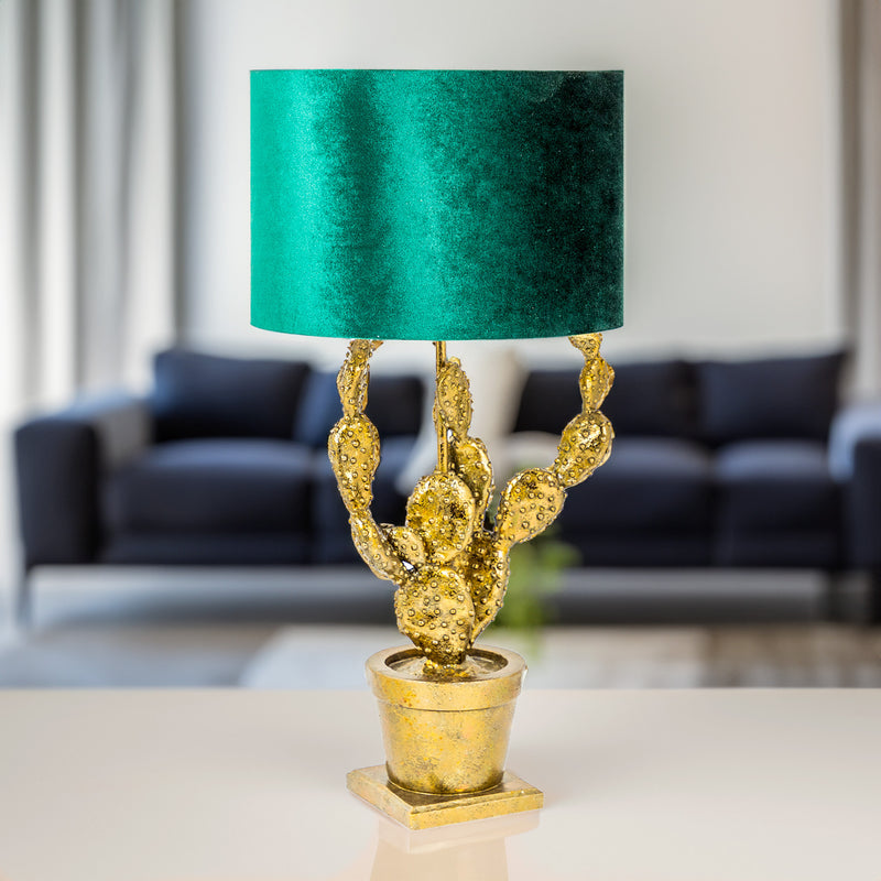 Gold Cactus Table Lamp with Green Shade