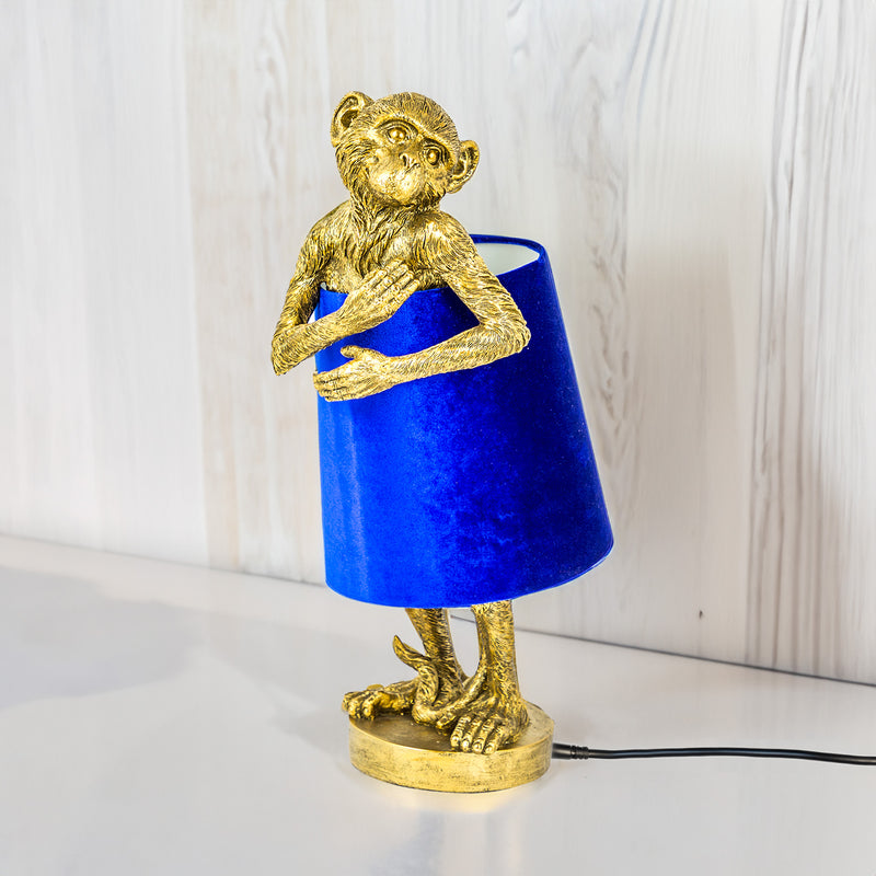 Gold Blushing Monkey Table Lamp with Blue Shade