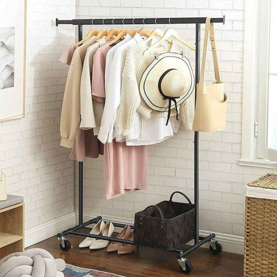 Extendable Black Steel Clothing Rack with Storage Shelf