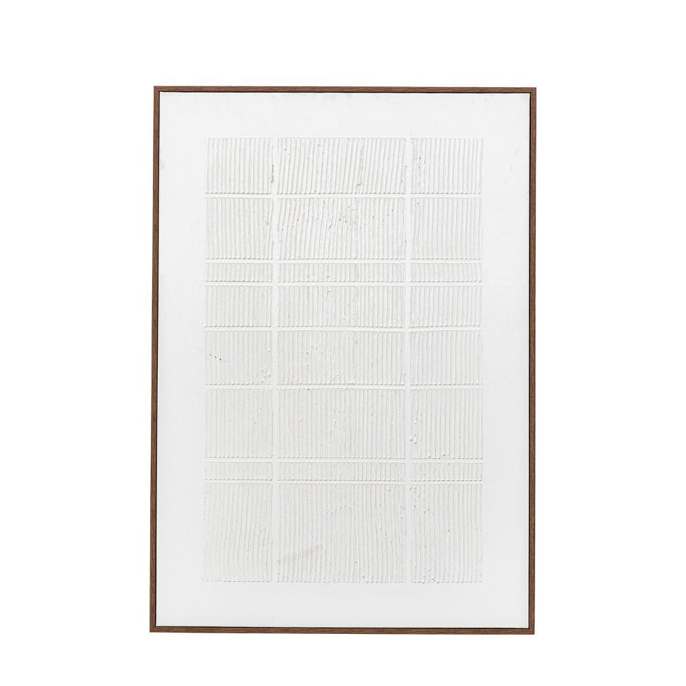 Minimalist textured white wall art with linear raised detailing in a slim dark wooden frame styled above a marble fireplace.