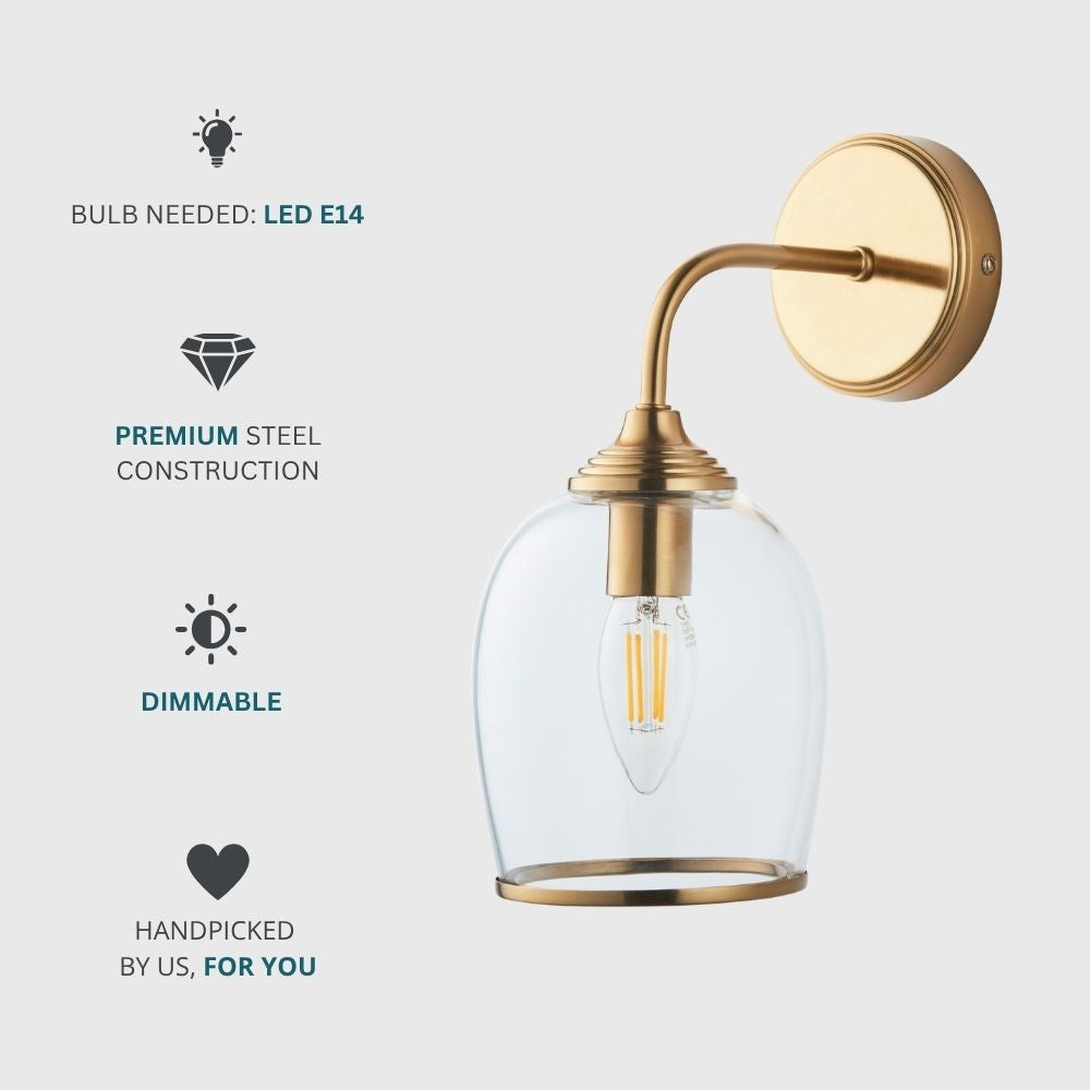 Aged brass wall light requiring E14 LED bulb with premium steel construction and dimmable functionality highlighted in product features.