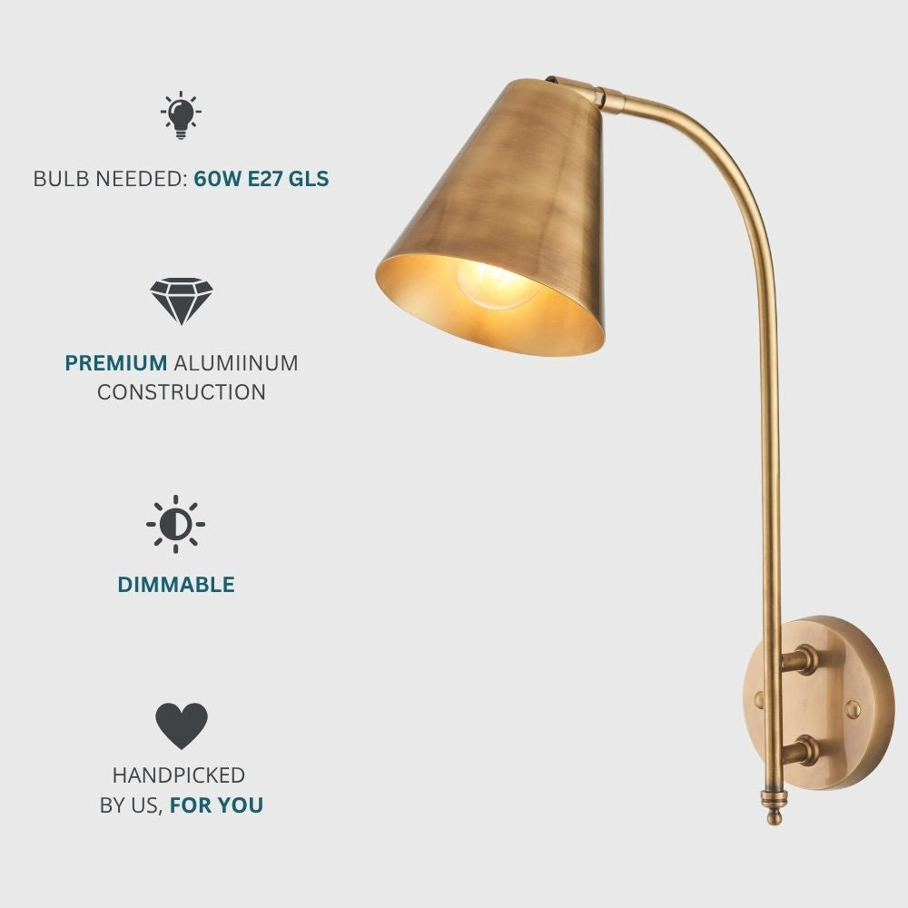 Antique brass adjustable wall light requiring E27 bulb with dimmable functionality and premium aluminium construction.