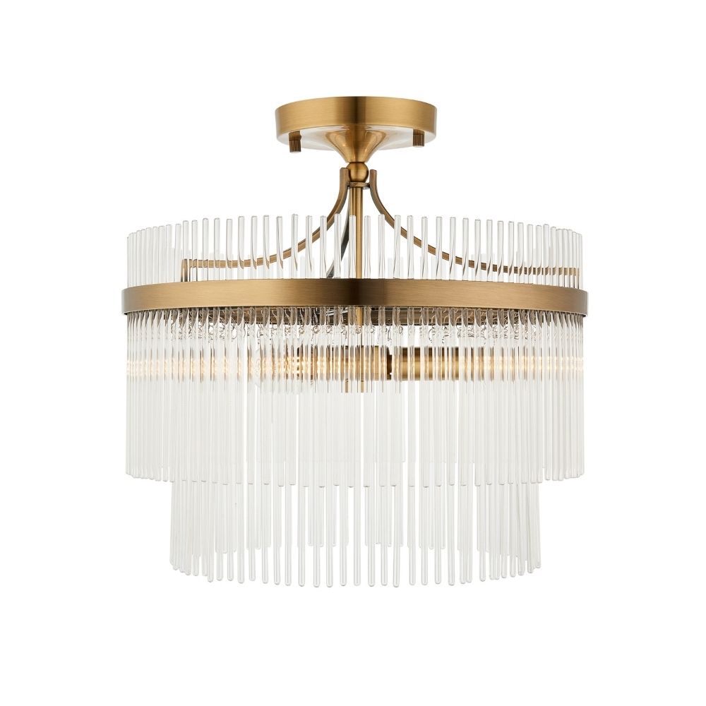Antique brass ceiling light featuring clear vertical glass rods in a circular tiered frame on a white background.