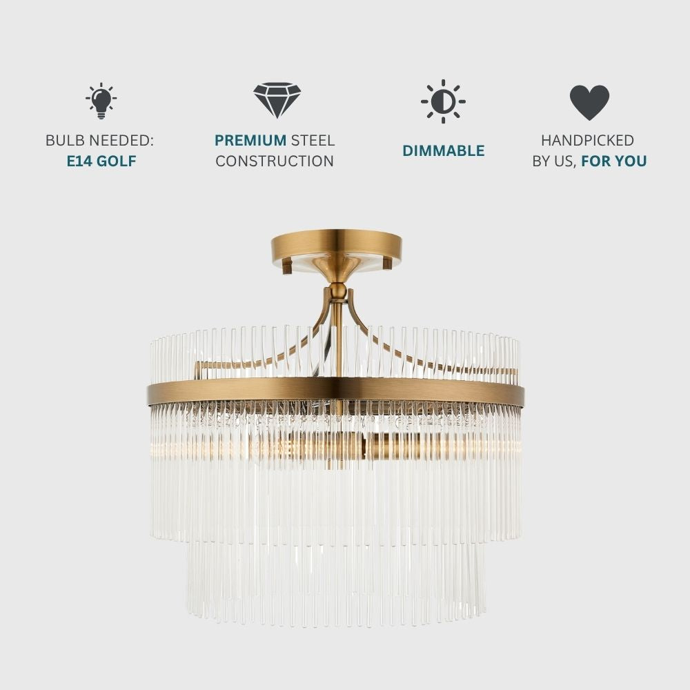 Antique brass glass rod ceiling light with icons highlighting E14 golf bulb requirement, dimmable function and premium steel construction.