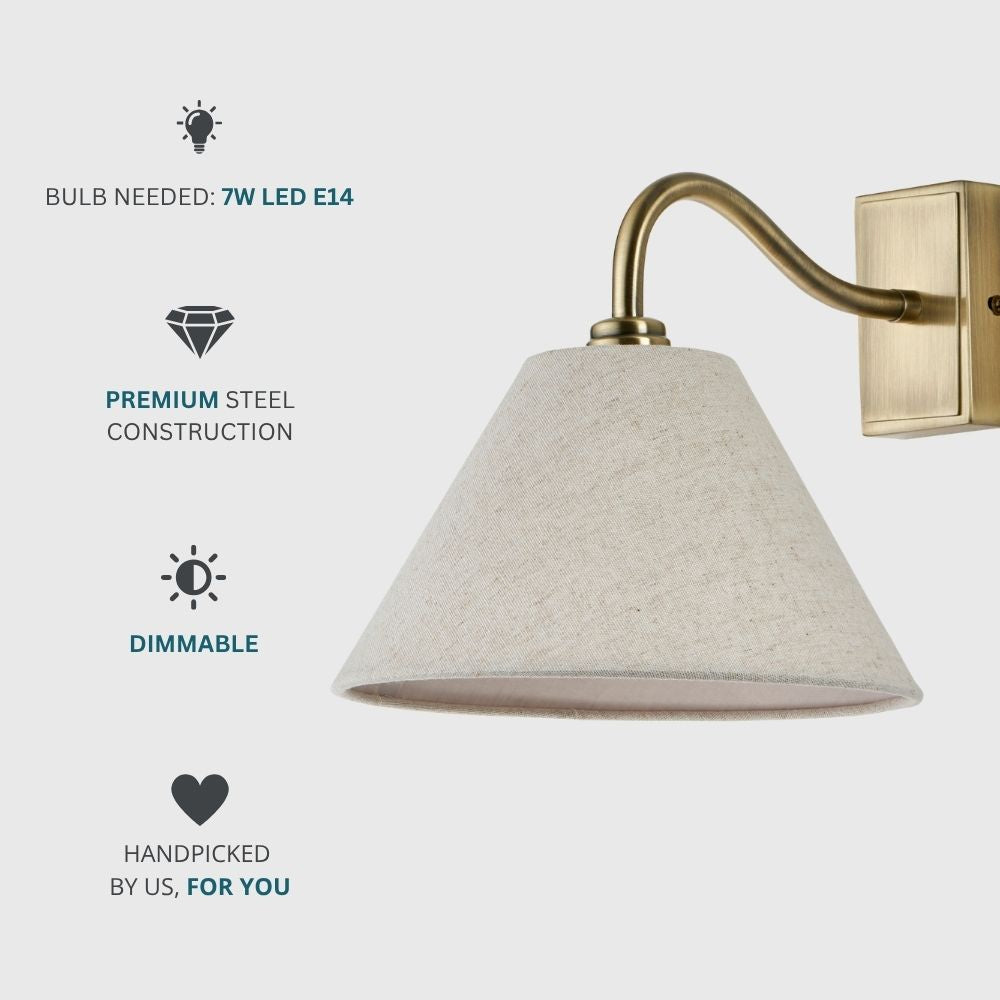 Antique brass wall light with linen shade requiring E14 LED bulb featuring dimmable function and premium steel construction.