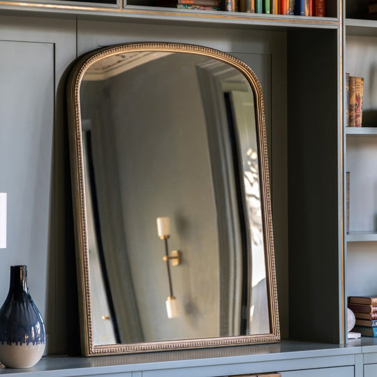Antique Gold Arched Beaded Overmantle Mirror