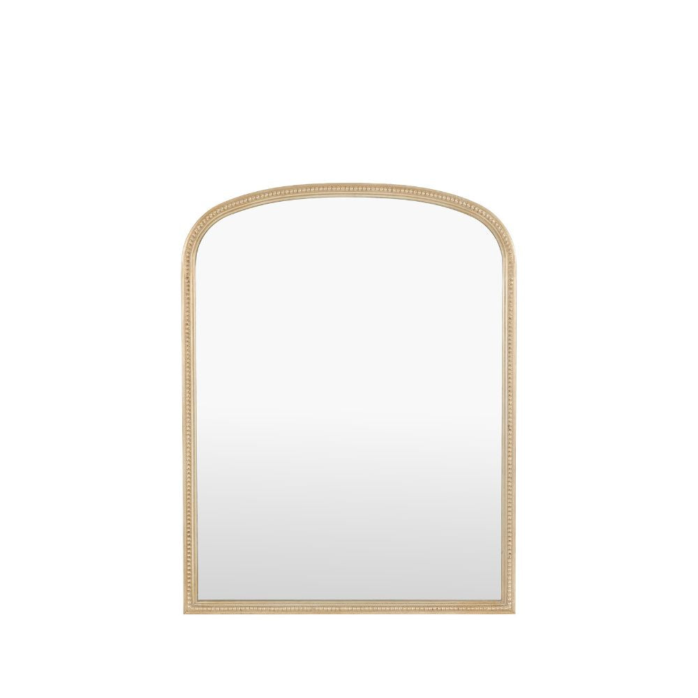 Arched wall mirror with a slim antique gold frame and decorative beaded edging isolated on a light grey background.