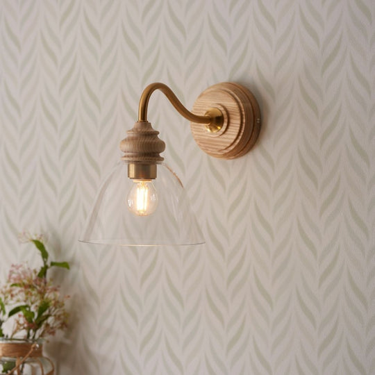 Glass and Ash Wood Wall Light in Aged Brass