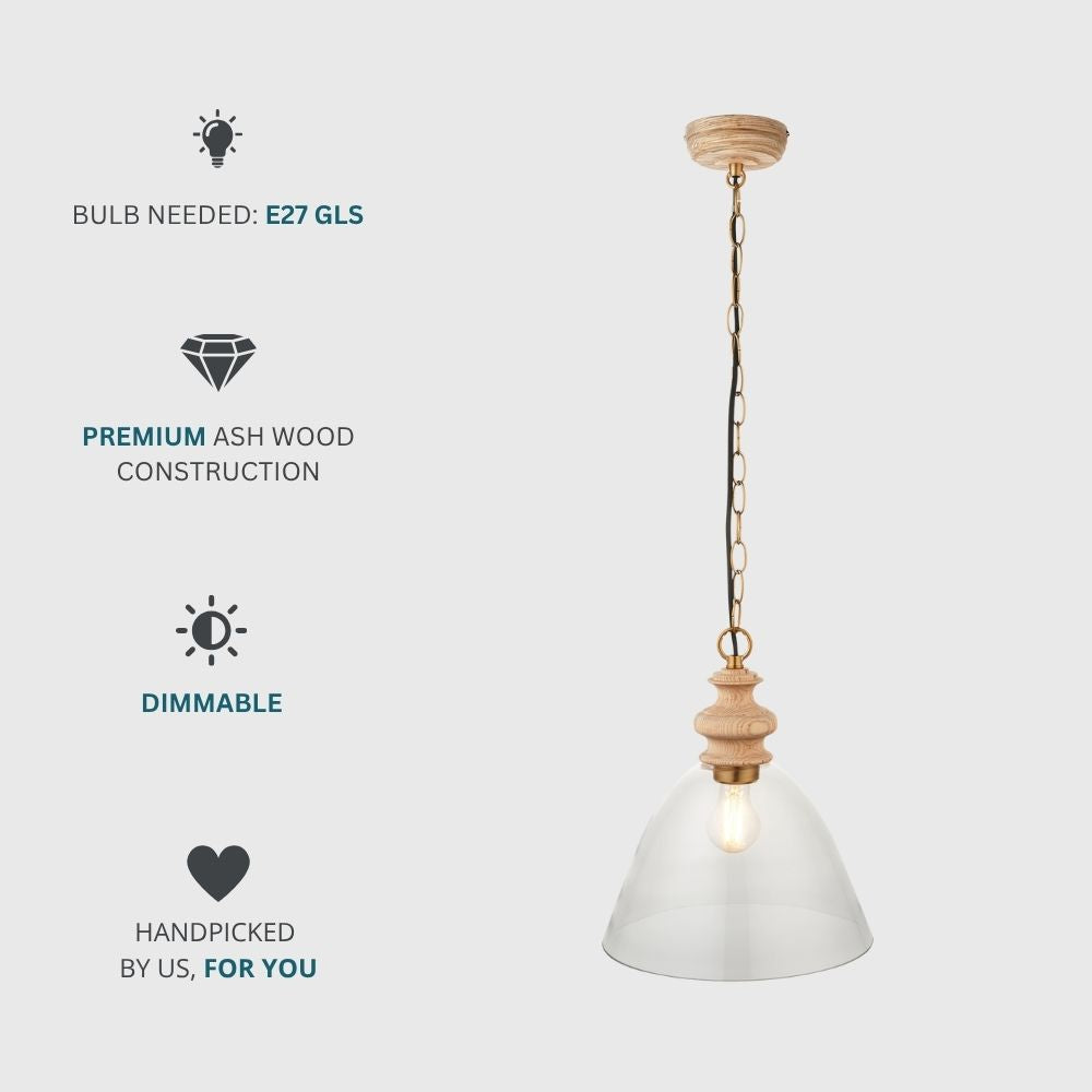 Ash wood and glass pendant light with icons showing E27 GLS bulb requirement, dimmable function and premium wood construction.
