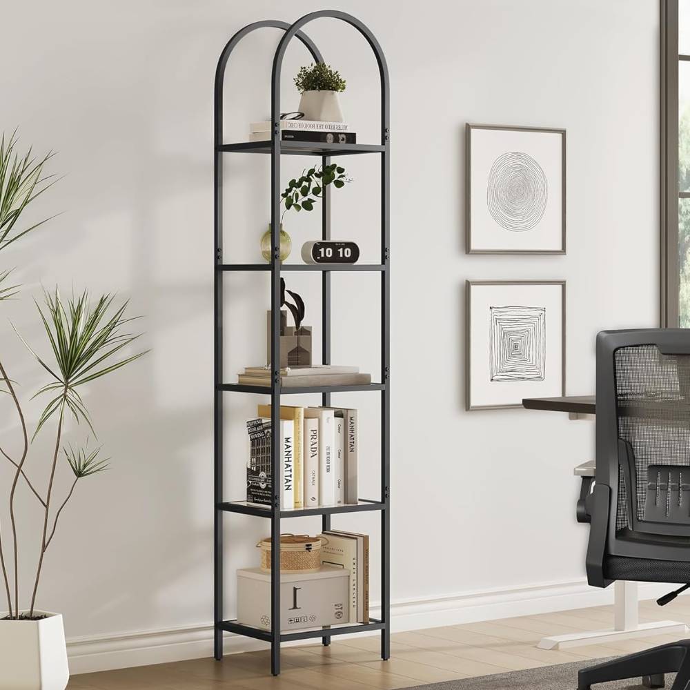 Black 5 Tier Arched Glass and Metal Shelving Unit