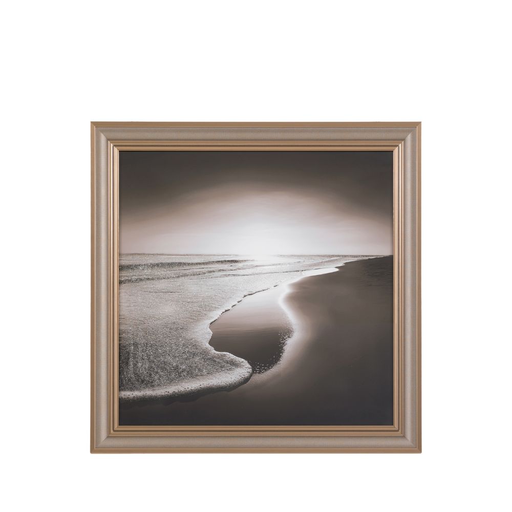Black and white coastal landscape framed artwork with shimmering shoreline detail and a contemporary metallic frame.