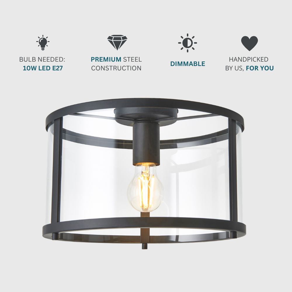 Black metal and glass ceiling light displayed with icons showing E27 LED bulb compatibility, dimmable function and premium steel construction.