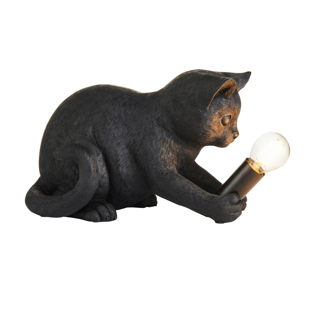 Black cat novelty table lamp with exposed bulb and sleek holder, isolated on neutral background showcasing contemporary decorative lighting design.
