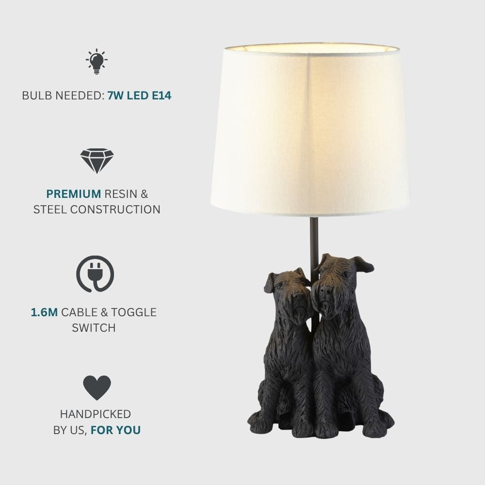 Black dog resin lamp with 7W LED E14 bulb requirement, premium resin and steel construction, and 1.6 metre cable with toggle switch details.