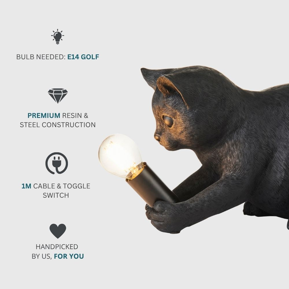 Black kitten resin lamp with E14 golf bulb requirement, premium resin and steel construction, and 1 metre cable with toggle switch details.