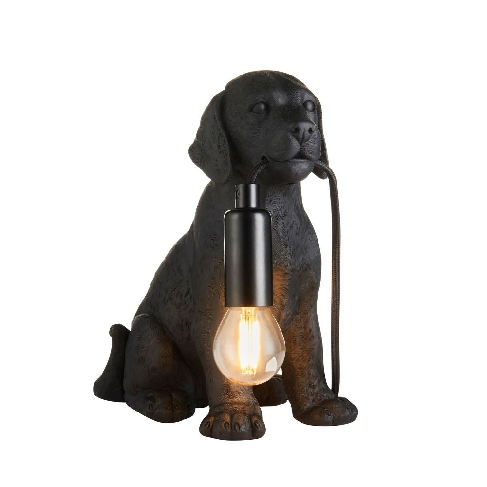 Black Labrador resin novelty table lamp with exposed bulb and cable detail, isolated on neutral background showcasing decorative lighting design.