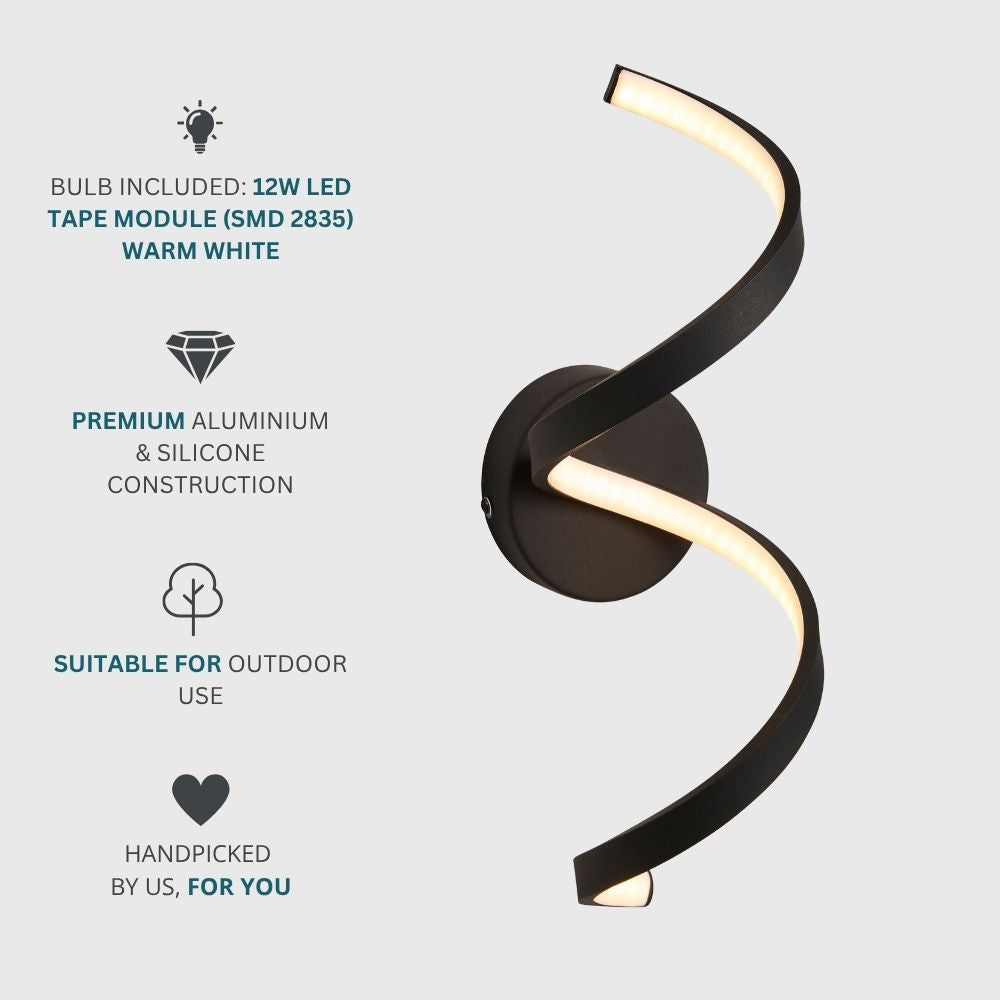 Black twisted LED wall light with 12W warm white illumination, premium aluminium and silicone construction suitable for outdoor use IP44 rated.