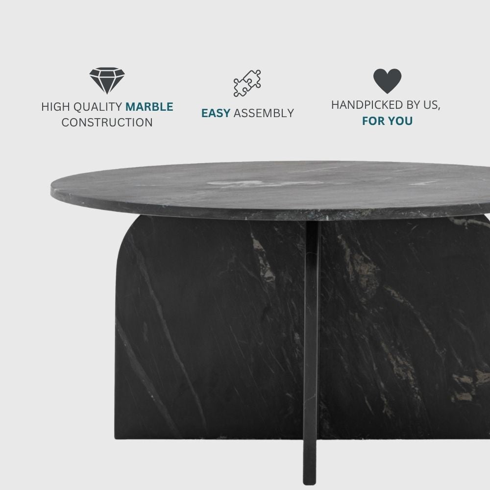 Black marble coffee table with icons highlighting high quality marble construction, easy assembly and curated design.